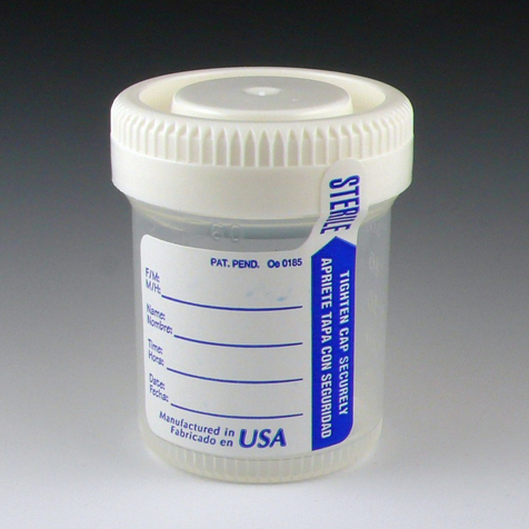 Globe Scientific Container: Tite-Rite, 60mL (2oz), PP, STERILE, Attached White Screw Cap, ID Label with Tab Seal and Temperature strip, Graduated Containers; Leak Resistant; transport